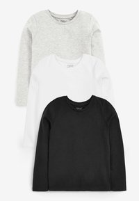 Trzy t-shirty z długim rękawem w kolorach szarym, białym i czarnym. Każdy z nich ma okrągły dekolt i miękką, gładką teksturę. Wykonane z mieszanki bawełny.