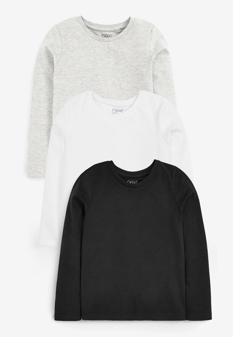 Trzy t-shirty z długim rękawem w kolorach szarym, białym i czarnym. Każdy z nich ma okrągły dekolt i miękką, gładką teksturę. Wykonane z mieszanki bawełny.