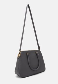 Gray synthetic handbag with gold hardware, dual handles, and a detachable shoulder strap. Features a zip closure and smooth texture.
