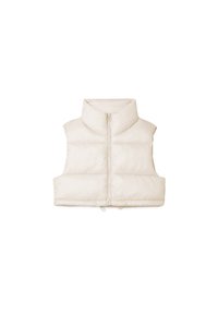 Puffer vest in off-white with high collar, full front zipper, and horizontal quilting. Smooth texture, cropped design, and no sleeves.