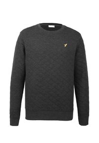 Sivi kreirani dukserica s dugim rukavima, okruglim izrezom i malim zlatnim logom na prsima. Napravljen je od teksturiranog materijala.