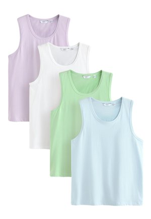 Quattro canotte senza maniche in colori pastello: lavanda, bianco, verde chiaro e azzurro chiaro, disposte sovrapposte su sfondo bianco.