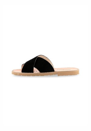Black suede slide sandals with crossed straps, a flat beige sole, and a smooth, minimalist design for comfort and ease of wear.