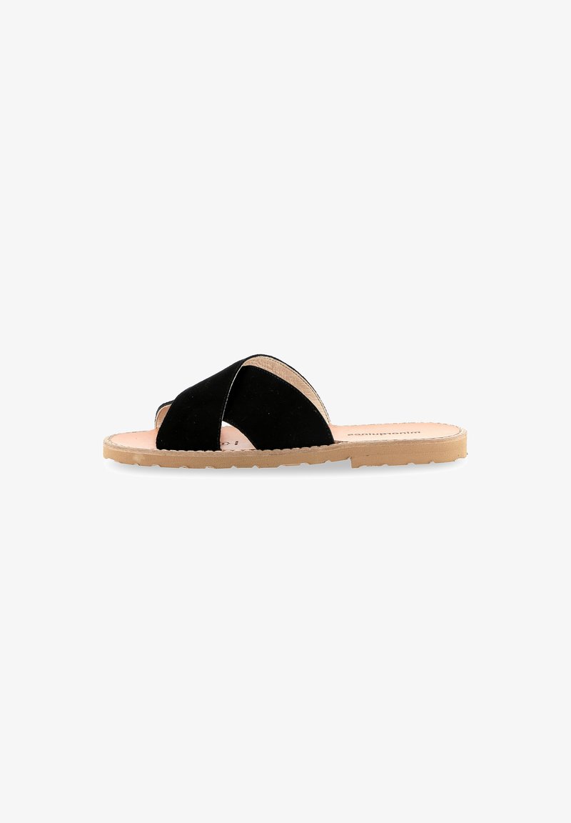 Svarta mocka slip-in sandaler med korsade remmar, en platt beige sula och en slät, minimalistisk design för komfort och enkel användning.