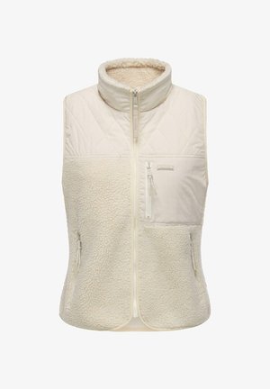 Gilet senza maniche di colore crema realizzato in morbido pile testurizzato e tessuto trapuntato. Presenta una chiusura con zip frontale e due tasche laterali.