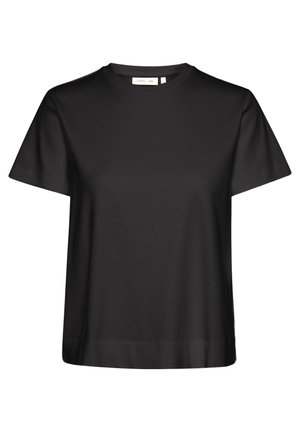 Zwart T-shirt met korte mouwen, gemaakt van gladde stof met een ronde halslijn en een ontspannen pasvorm, voorzien van strakke lijnen en zonder zichtbare patronen.