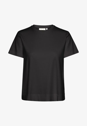 Juoda trumpomis rankovėmis palaidinė iš lygaus audinio su apvalia iškirpte ir laisvu siluetu, pasižyminti švariais kontūrais be matomų raštų.