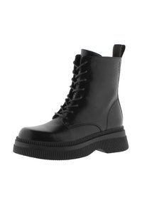 Botas de tobillo negras con cordones, fabricadas en cuero sintético suave, que presentan una suela gruesa y estriada y una lengüeta. Diseño clásico con un detalle mínimo.