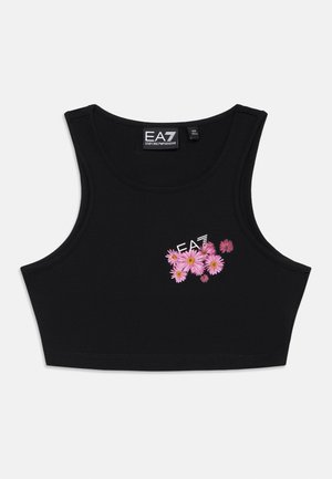 Black crop tank top with pink daisy cluster and white EA7 Emporio Armani logo on left chest.
