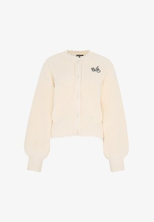 Cardigan de punto color crema con mangas largas abullonadas, cierre frontal con botones, puños y dobladillo acanalados, y pequeño logo negro "wb" en el pecho.