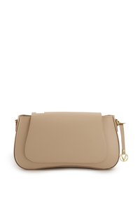 Beige Lederhandtasche mit glatter Textur, rechteckiger Form, Klappenverschluss und Hardware-Akzenten in Goldton.