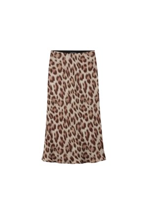 Leopard print skirt with a smooth, lightweight fabric; features a black waistband and flared hem, showcasing a blend of cream and brown tones.