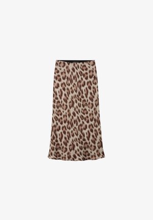 Leopardenmuster Rock aus glattem, leichtem Stoff; verfügt über einen schwarzen Taillengummi und einen ausgestellten Saum, der eine Mischung aus Creme- und Brauntönen zeigt.