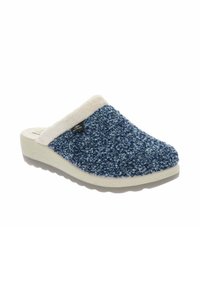 Pantofola scivolosa blu in maglia con fodera in pelliccia sintetica bianca e suola testurizzata. Presenta un'etichetta sul lato. Punta arrotondata e design a profilo basso.
