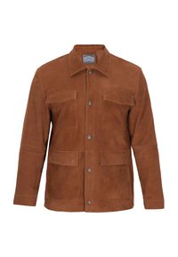 Brun ruskindjakke med knaplukning foran, to brystlommer og to nederste lommer. Kraven er klassisk, og teksturen er blød.