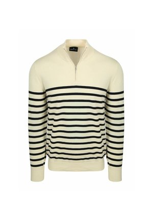 Cremefarbener Pullover mit schwarzen, horizontalen Streifen, einem Viertel-Reißverschluss-Kragen sowie gerippten Bündchen und Saum.