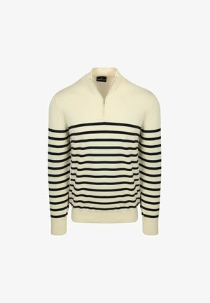 Roomkleurige pullover met zwarte horizontale strepen, een kraag met een kwart-ritssluiting en geribbelde manchetten en zoom.