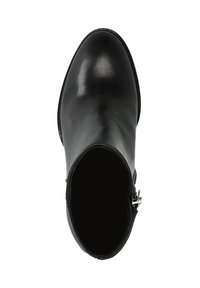 Bottine en cuir noir avec une finition lisse, bout arrondi, fermeture éclair latérale et design minimaliste. L'intérieur montre de la profondeur et de la forme.