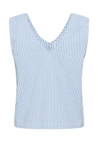 Top senza maniche a righe in azzurro chiaro e bianco, caratterizzato da un design a V e un tessuto testurizzato. Orlo dritto nella parte inferiore.