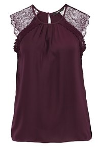 Blusa sin mangas burdeos con acentos de encaje en los hombros, escote redondeado y frente plisado. Tejido suave con una textura delicada.