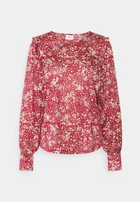 Rote Bluse mit floralen Mustern, langen Puffärmeln, rundem Ausschnitt und einem strukturierten Stoff mit kleinen weißen und blauen Blumen.