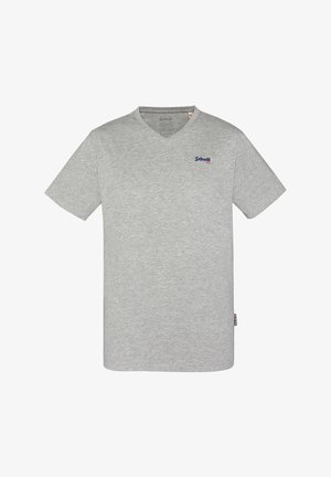Grijze katoenen T-shirt met V-hals en korte mouwen, voorzien van een klein rood en blauw logo op de linkerkant van de borst. Soepele textuur, standaard pasvorm.