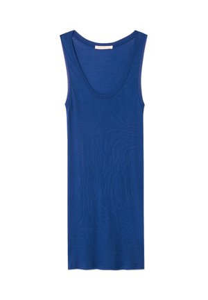 Mouwloos blauw tanktopje met een ronde hals, gemaakt van gladde stof, plat weergegeven op een witte achtergrond.