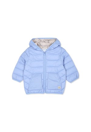 Giubbotto trapuntato azzurro chiaro con cappuccio, caratterizzato da un motivo trapuntato orizzontale e due tasche frontali. L'interno è grigio con un design sottile.
