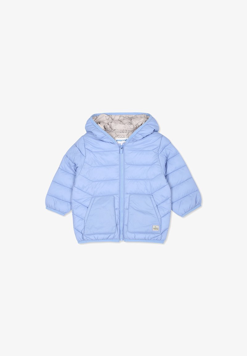 Giubbotto trapuntato azzurro chiaro con cappuccio, caratterizzato da un motivo trapuntato orizzontale e due tasche frontali. L'interno è grigio con un design sottile.