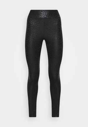 Leggings noirs avec un motif léopard texturé, taille haute et une silhouette ajustée et élégante. Matière lisse avec un léger éclat.