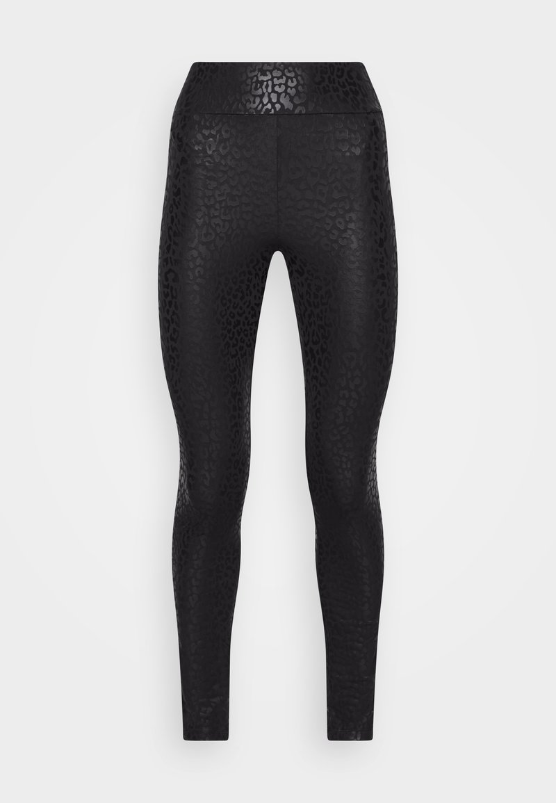 Leggings noirs avec un motif léopard texturé, taille haute et une silhouette ajustée et élégante. Matière lisse avec un léger éclat.