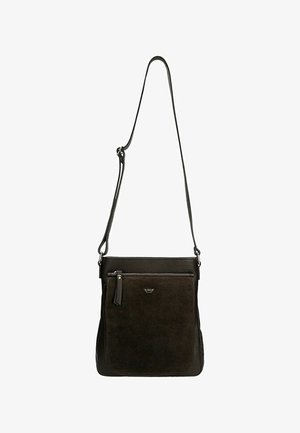 Borsa a tracolla in pelle scamosciata e cuoio marrone con tracolla regolabile, tasca frontale con zip e logo del marchio. Tessuto liscio con minimi accenti hardware.