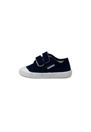 Sneaker da bambino in tela blu navy con suola in gomma bianca, punta bianca e due cinturini in velcro, con il marchio "Superga" sul lato.