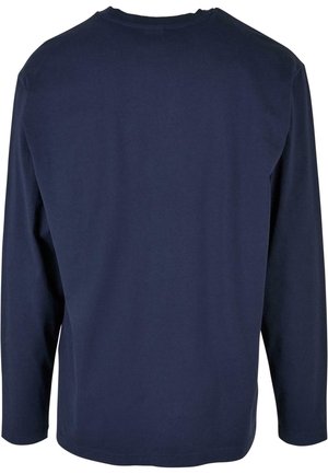 Langärmliges Hemd aus navyblauem Baumwollstoff. Einfaches Design mit Rundhalsausschnitt, verfügt über eine glatte Textur und keine sichtbaren Beschläge oder Muster.