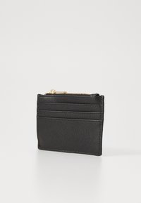 Black leather wallet featuring a zippered top, card slots on the front, textured finish, and gold-tone hardware accents.
