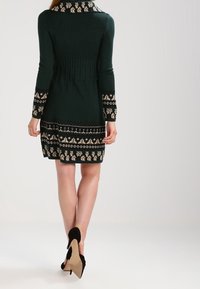 Grön stickad klänning med ribbad textur, utrustad med ett mönstrat fåll och långa ärmar. Matchas med svarta högklackade skor.