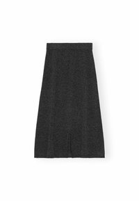 Temno siva krilo do kolen iz mehke tkanine, s preprostim dizajnom in sprednjim razporkom za lažje gibanje.