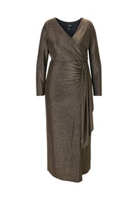 Pitkosté, v-neck zavinovací šaty s dlouhým rukávem z metalického bronzového materiálu. Obsahují nabíraný detail na boku a splývavou stuhu. Hladká textura a elegantní silueta.