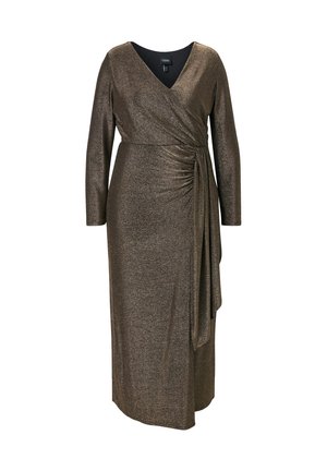 Langärmliges, v-Ausschnitt Wickelkleid aus metallischem Bronzegewebe. Mit gerafftem Seitendetail und fließendem Bindeband. Weiche Textur und elegante Silhouette.