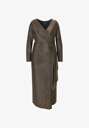 Sukienka z długim rękawem, w dekolcie w serek, wykonana z metalicznej brązowej tkaniny. Posiada marszczony detal po boku oraz zwisający pasek. Gładka tekstura i elegancka sylwetka.