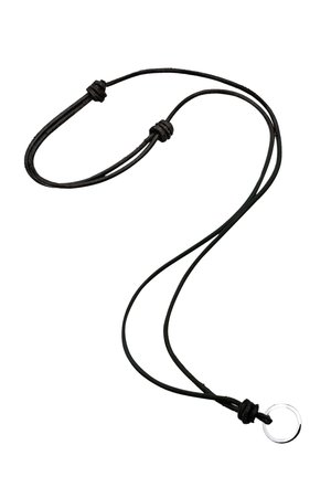 Black cord necklace featuring a circular metal ring, with adjustable knots for length and a smooth, minimalist design.