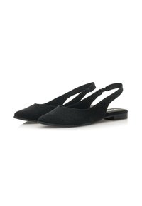 Ballerine nere con cinturino sul retro e punta affilata, realizzate in tessuto morbido. Presentano un design minimalista e un tacco basso a blocco.