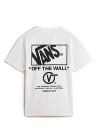 T-shirt en coton blanc avec un grand logo "VANS" noir et le texte "OFF THE WALL" au dos. Col rond simple, manches courtes.