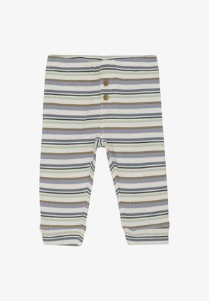 pantalons pour bébé à rayures en tissu côtelé avec des boutons à l'avant, featuring des couleurs pastel : vert clair, beige, gris et rayures blanches.