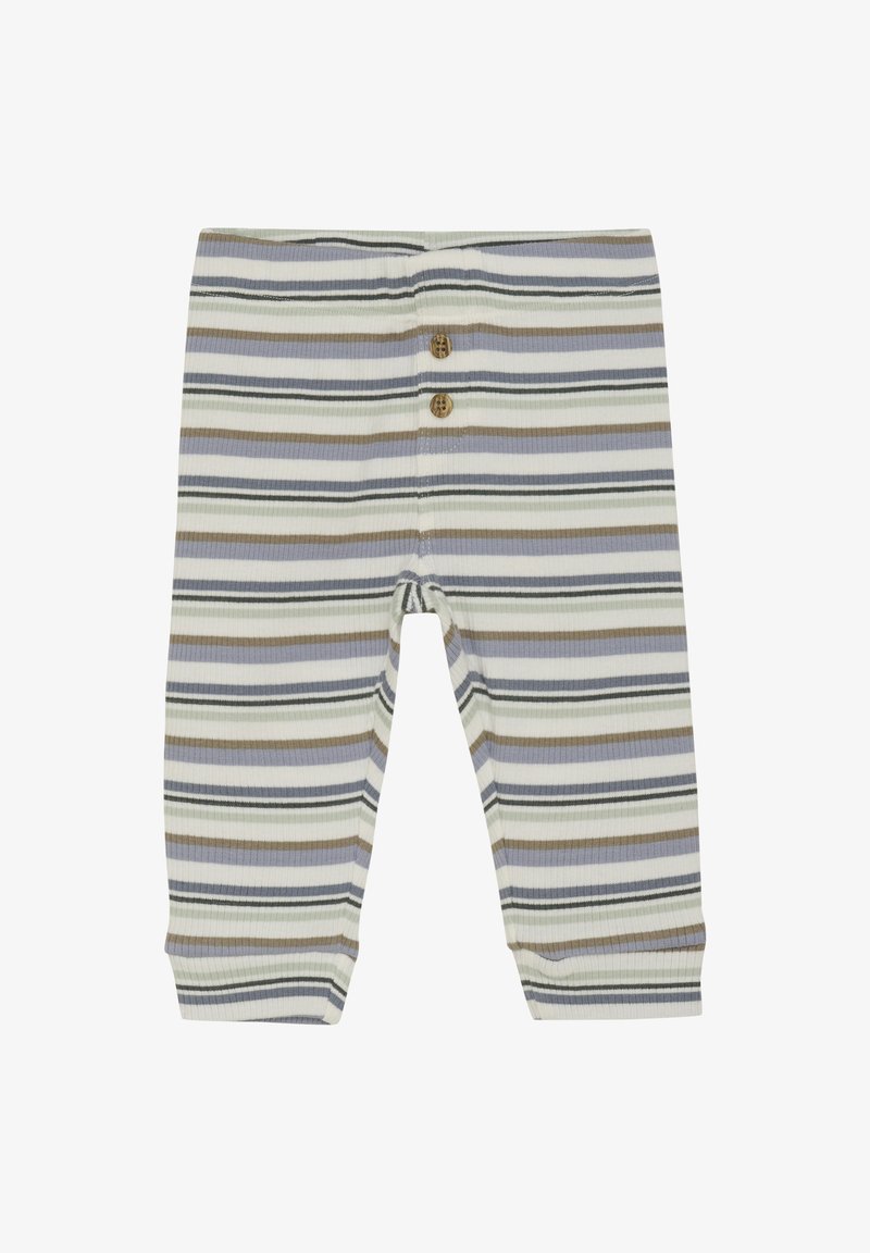 gestreepte babybroek van ribbelstof met knopen aan de voorkant, in pastelkleuren: lichtgroen, beige, grijs en witte strepen.