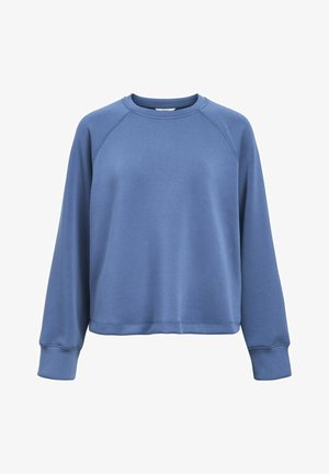 Blå sweatshirt med rund hals, raglanærmer og ribbede manchetter. Stoffet ser blødt og let ud med en glat tekstur.