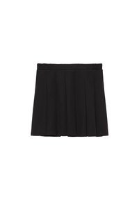 Jupe mini plissée noire en tissu doux. Dotée d'une taille élastique et de lignes épurées, elle convient pour une tenue décontractée ou semi-formelle.