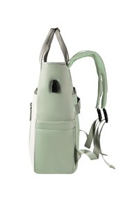 Zaino verde e grigio con forma strutturata, materiale sintetico liscio, tasche con zip e spallacci regolabili. Dettagli notevoli nel pannello laterale.