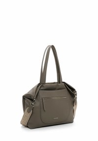 Gray leather handbag with textured surface, dual handles, and a front zip pocket. Features a patterned strap and metallic accents.