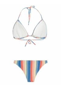 Bikinisæt bestående af en hvid trekantet top med multikolorede bånd og en matchende bund med lodrette striber i blå, pink og gul.